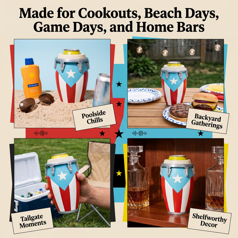 Conga-Style Can Holder – Celebrate Caribbean Pride, One Sip at a Time