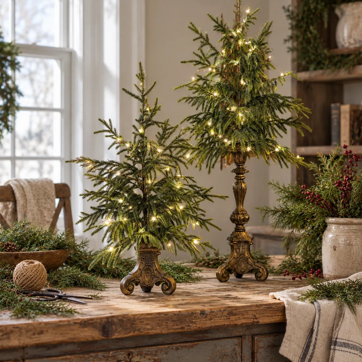 A complementary pair of lighted Norfolk pine trees styled together on a wooden table
