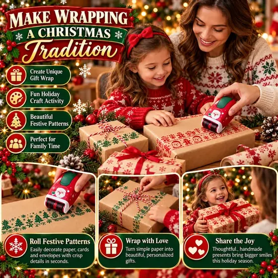 Family decorating Christmas gift wrap with a handheld roller stamp