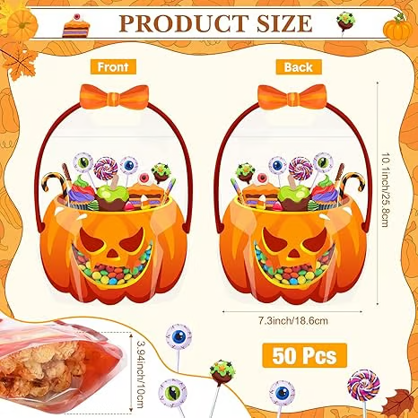 🔥Last Day 50% OFF - Fuutreo 50 Pcs/100PCS Halloween Favor Bags Transparent Pumpkin Sealed Pouches🍬