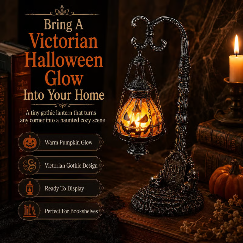 🎃 Gothic Pumpkin Lantern Stand | Warm Orange LED Glow, Victorian Skull Details & Haunted Shelf Decor 🕯️-Festivesl