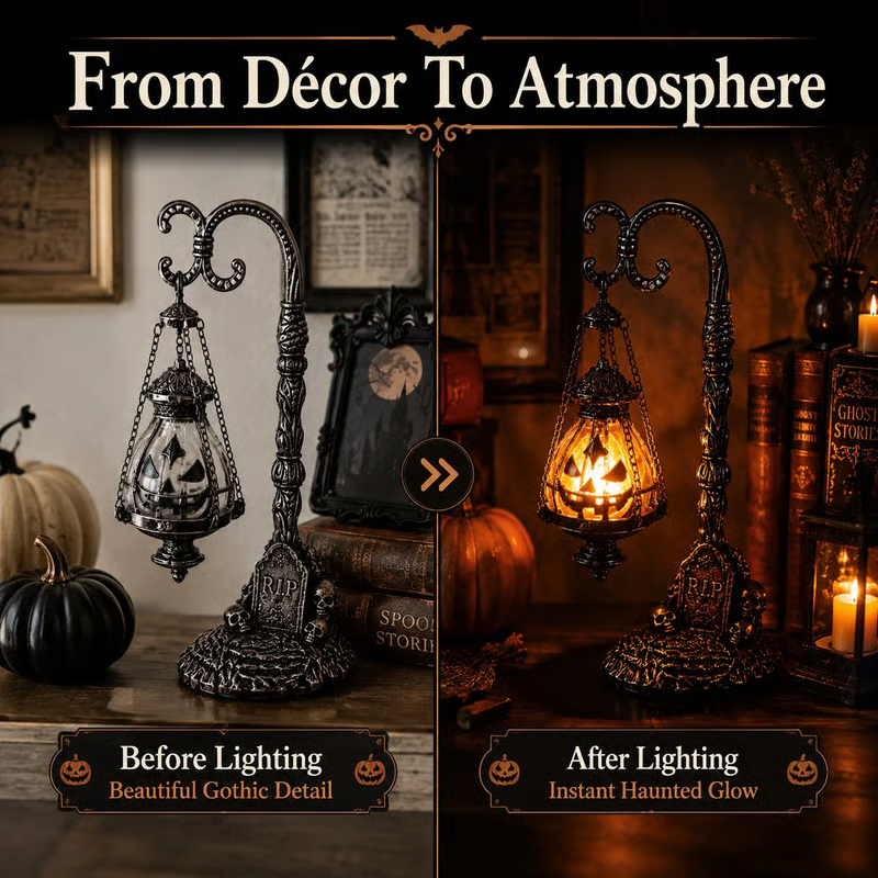 🎃 Gothic Pumpkin Lantern Stand | Warm Orange LED Glow, Victorian Skull Details & Haunted Shelf Decor 🕯️-Festivesl