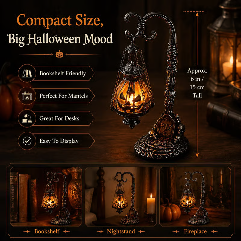 🎃 Gothic Pumpkin Lantern Stand | Warm Orange LED Glow, Victorian Skull Details & Haunted Shelf Decor 🕯️-Festivesl