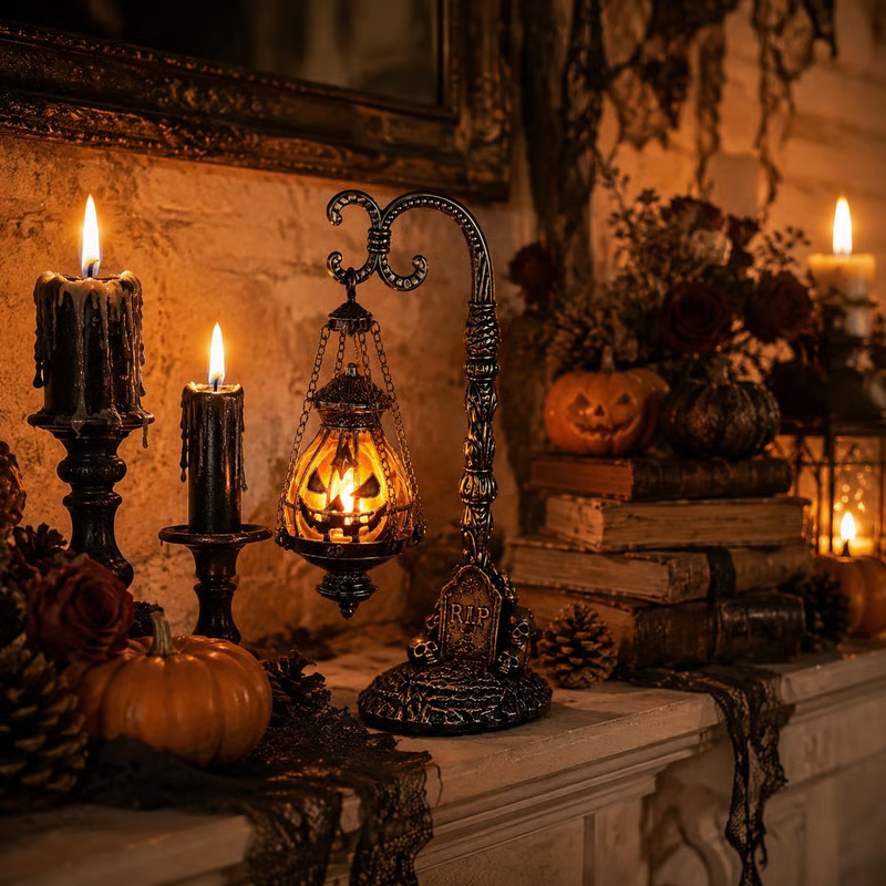🎃 Gothic Pumpkin Lantern Stand | Warm Orange LED Glow, Victorian Skull Details & Haunted Shelf Decor 🕯️-Festivesl
