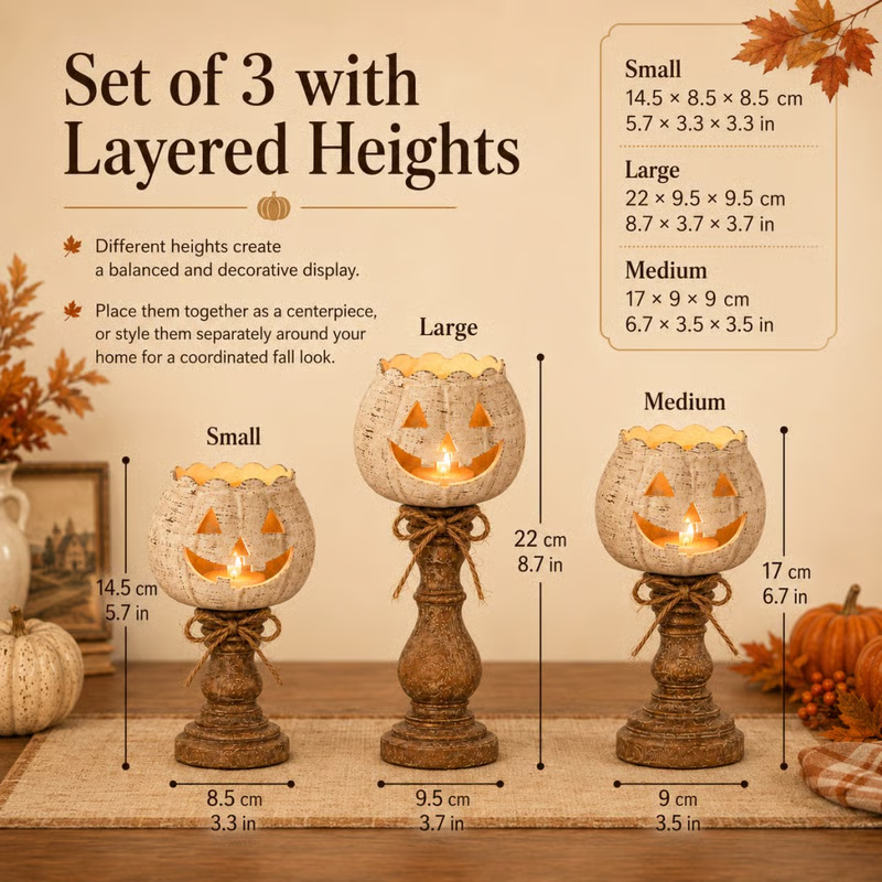 🕯 Set of 3 Rustic White Pumpkin Tealight Candle Holders | Layered Farmhouse Fall Decor For Halloween & Thanksgiving-Festivesl