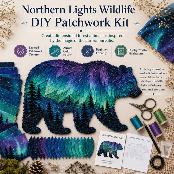 🔥LAST DAY 50% OFF - 🐻Northern Lights Wildlife DIY Patchwork Kit | Aurora Layered Fabric Art, Beginner Sewing Decor & Handmade Nature Gift