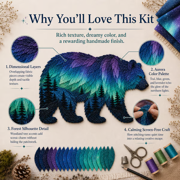 🔥LAST DAY 50% OFF - 🐻Northern Lights Wildlife DIY Patchwork Kit | Aurora Layered Fabric Art, Beginner Sewing Decor & Handmade Nature Gift