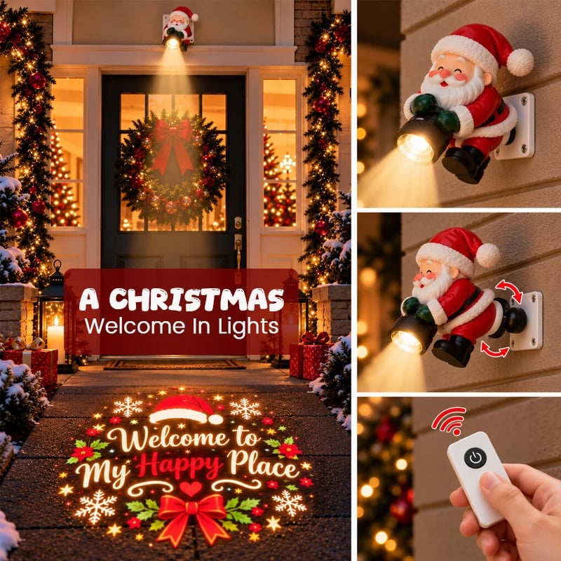 Santa projector holiday greeting at a decorated entrance