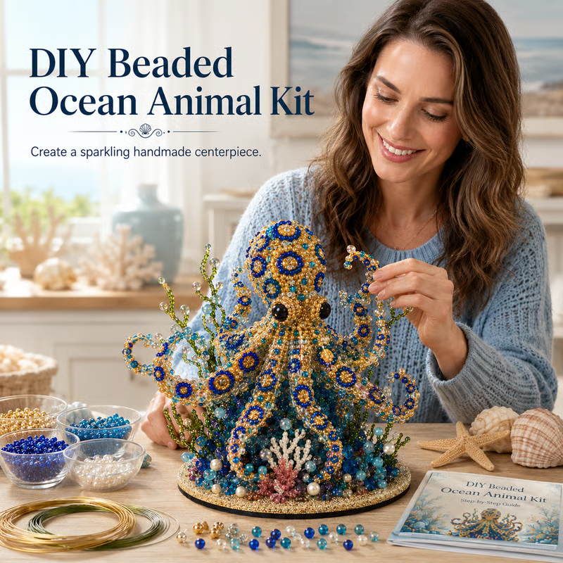 🔥LAST DAY 50% OFF - 🌊 Ocean Sparkle Animal Craft Kit | Create a Dimensional Underwater Centerpiece with Colorful Beads, Pearls & Coastal Details 🐚✨