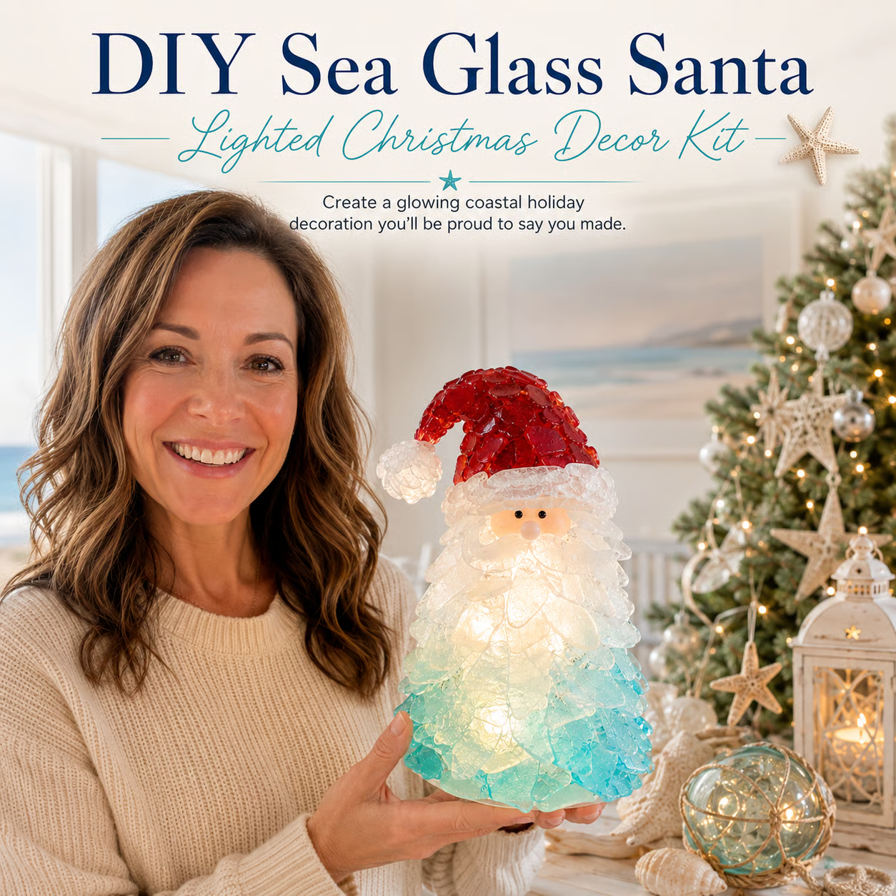 🔥Last Day 49% OFF – 🎅 Beginner-Friendly DIY Lighted Sea Glass Santa Christmas Decor Kit | Complete Kit with Sea Glass Pieces, Warm Fairy Lights & Step-by-Step Guide Included 💕