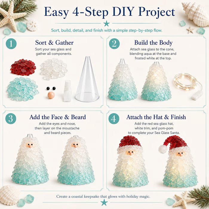 🔥Last Day 49% OFF – 🎅 Beginner-Friendly DIY Lighted Sea Glass Santa Christmas Decor Kit | Complete Kit with Sea Glass Pieces, Warm Fairy Lights & Step-by-Step Guide Included 💕