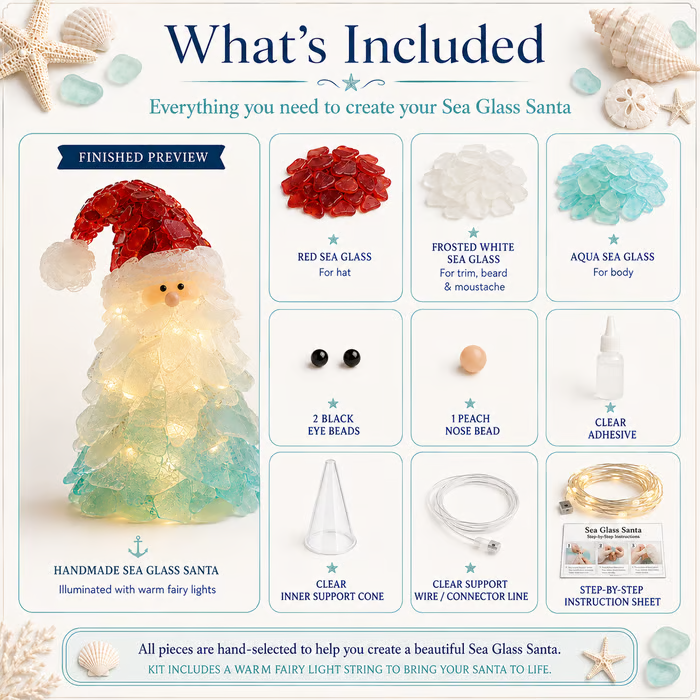 🔥Last Day 49% OFF – 🎅 Beginner-Friendly DIY Lighted Sea Glass Santa Christmas Decor Kit | Complete Kit with Sea Glass Pieces, Warm Fairy Lights & Step-by-Step Guide Included 💕