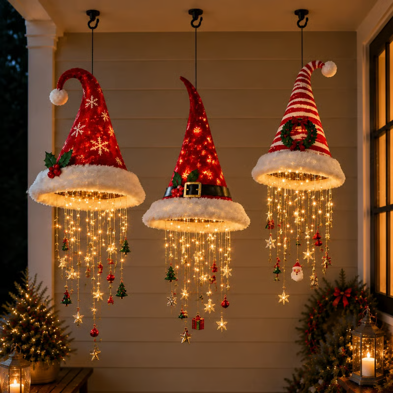 🎅 Lighted Santa Hat Hanging Chandelier 🎄 | 3 Styles Warm LED Christmas String Light | Indoor Outdoor Porch Holiday Decor Gift