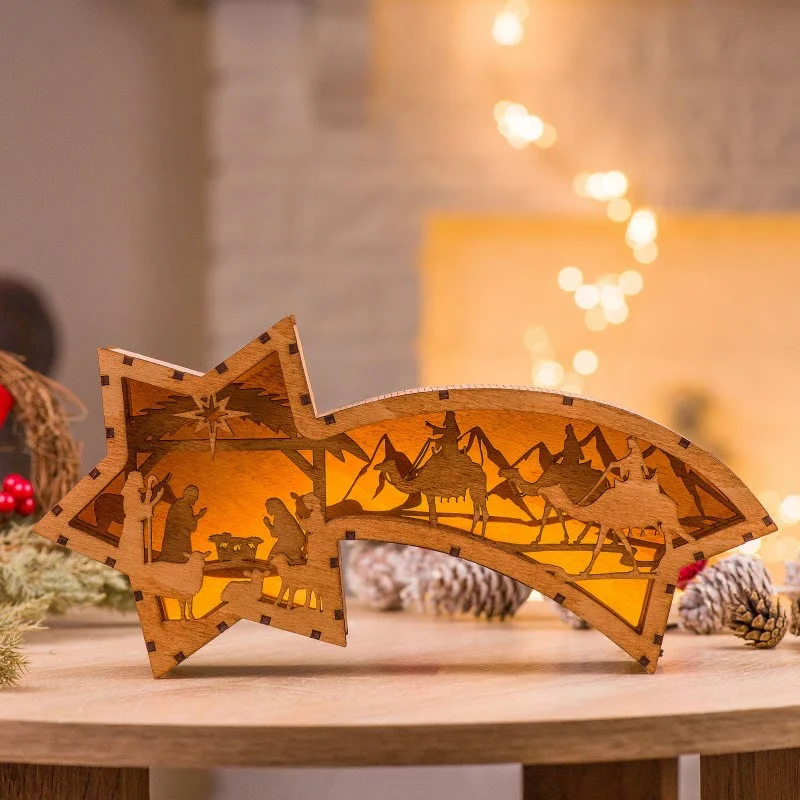 LED Wooden Christmas Ornaments Nativity Scene Star Shaped Desk Lamp-Festivesl