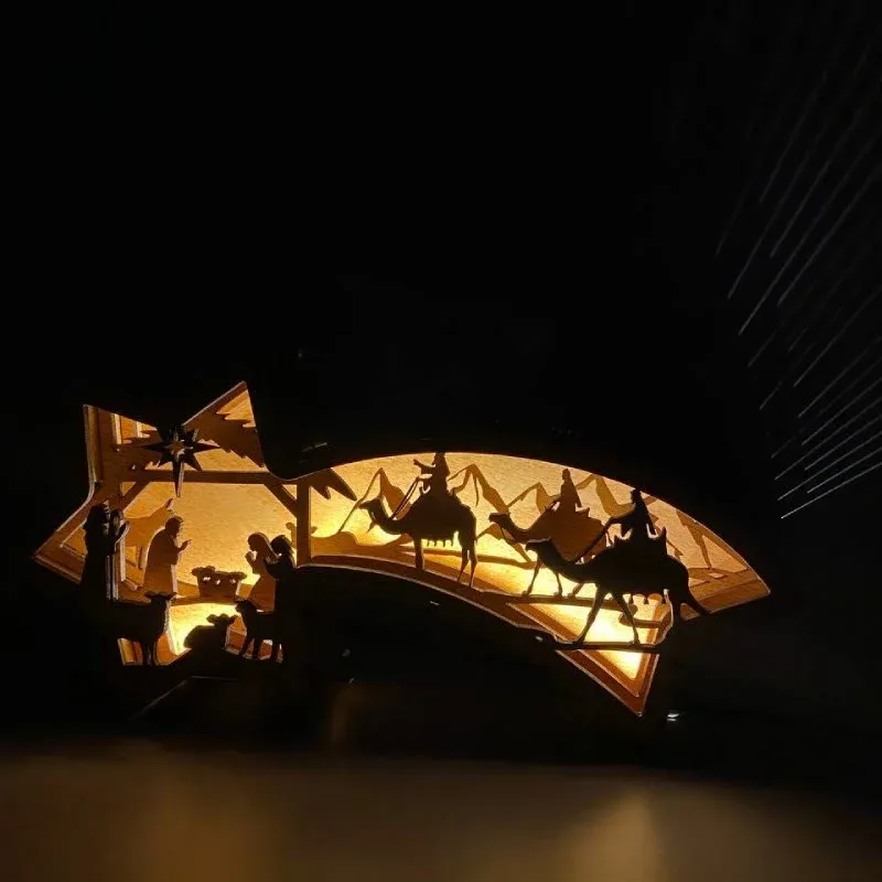 LED Wooden Christmas Ornaments Nativity Scene Star Shaped Desk Lamp-Festivesl