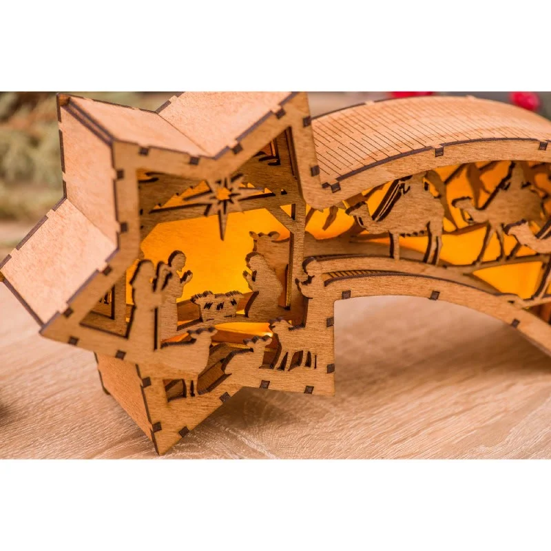 LED Wooden Christmas Ornaments Nativity Scene Star Shaped Desk Lamp-Festivesl