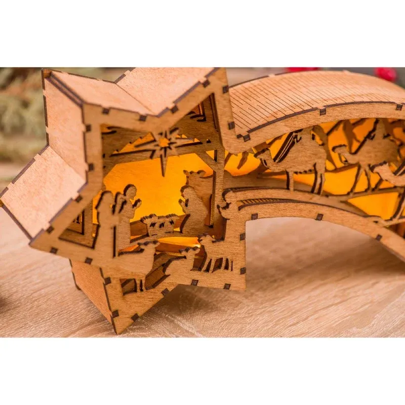 LED Wooden Christmas Ornaments Nativity Scene Star Shaped Desk Lamp-Festivesl