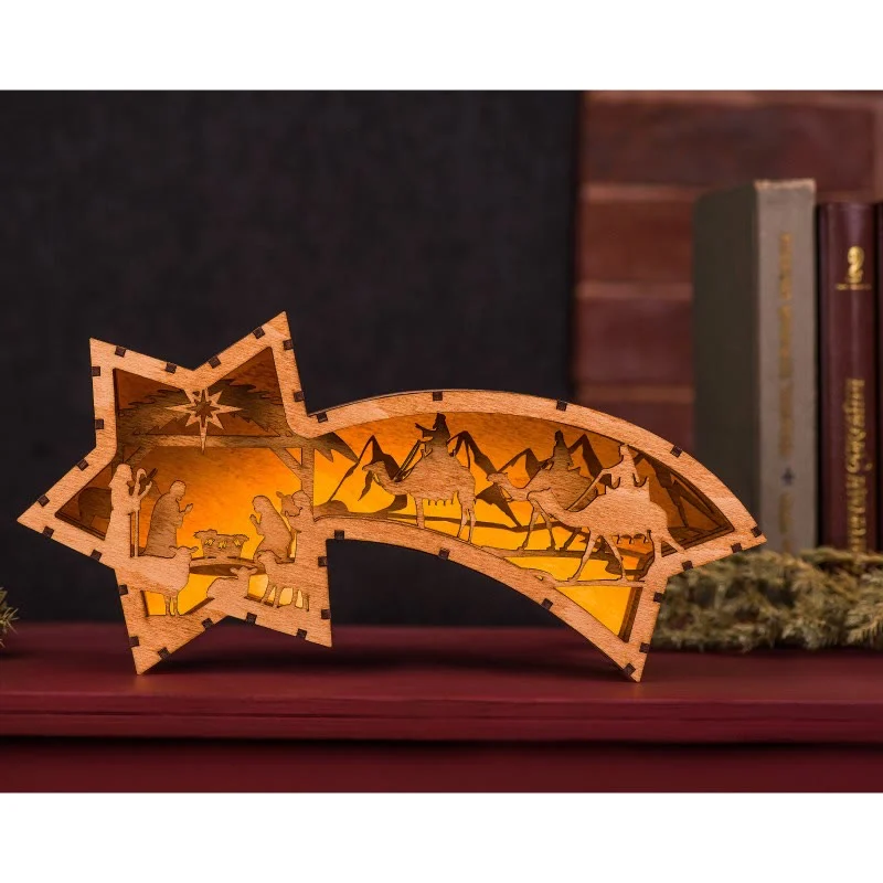 LED Wooden Christmas Ornaments Nativity Scene Star Shaped Desk Lamp-Festivesl