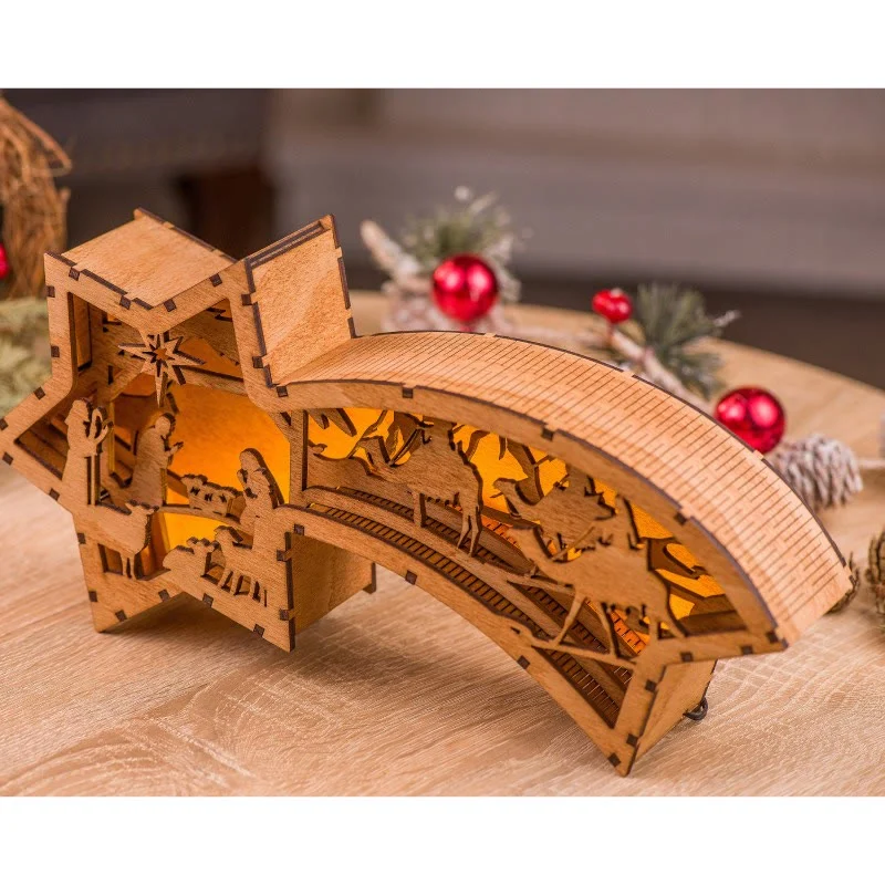 LED Wooden Christmas Ornaments Nativity Scene Star Shaped Desk Lamp-Festivesl