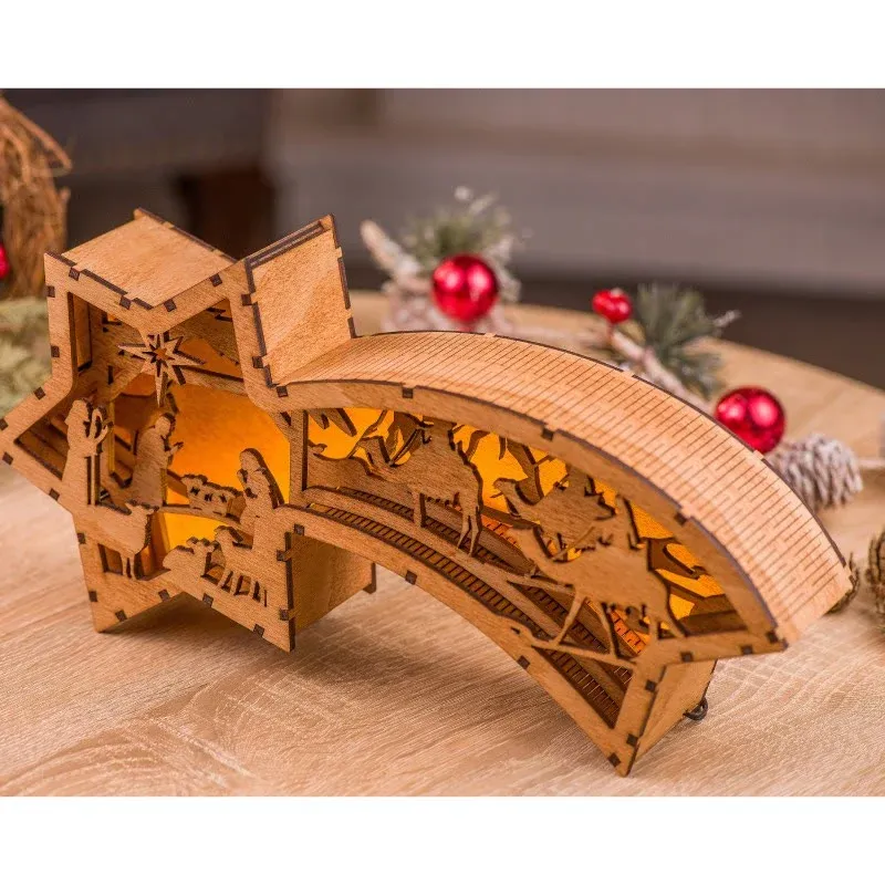 LED Wooden Christmas Ornaments Nativity Scene Star Shaped Desk Lamp-Festivesl