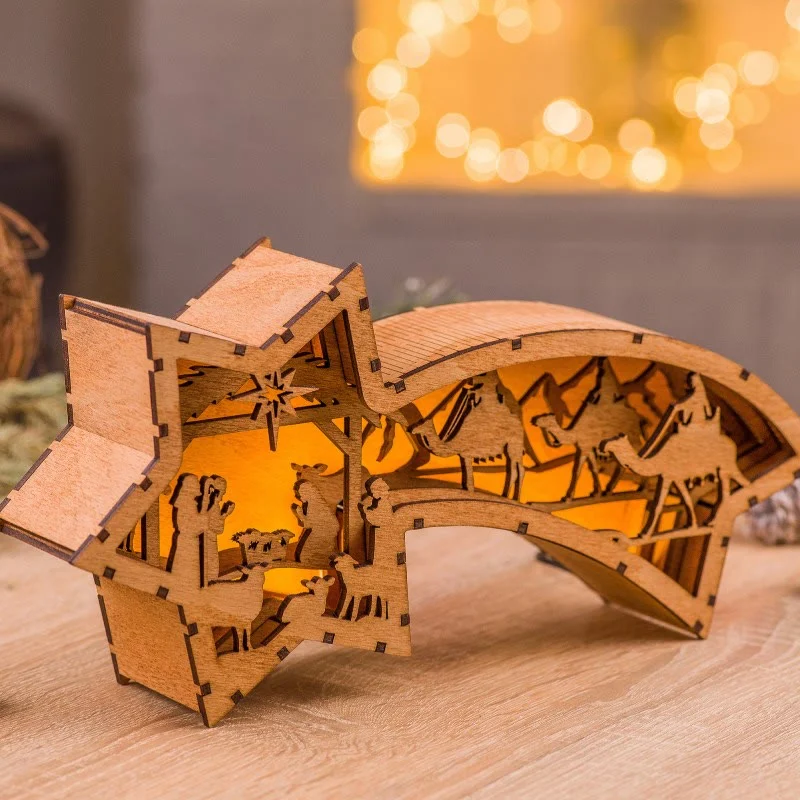 LED Wooden Christmas Ornaments Nativity Scene Star Shaped Desk Lamp-Festivesl