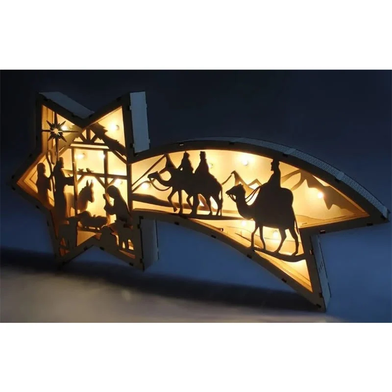 LED Wooden Christmas Ornaments Nativity Scene Star Shaped Desk Lamp-Festivesl