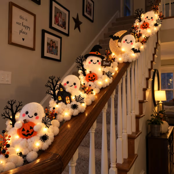 ⏳ Last Day 49% OFF – 👻 Glowing Ghost Staircase Decor | 5 Playful Halloween Characters for Railings, Mantels & Entryways 🎃