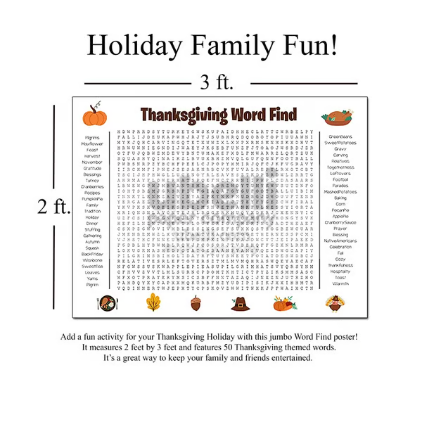 🎉 Jumbo Thanksgiving Word Search Poster – Giant 36"x24" Wall Game! 🎉