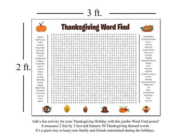 🎉 Jumbo Thanksgiving Word Search Poster – Giant 36"x24" Wall Game! 🎉