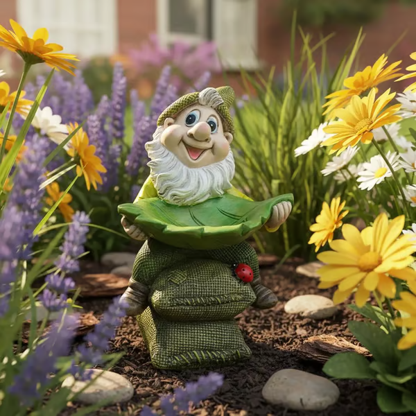 Birdie Butler Gnome — Whimsical Leaf Feeder Garden Statue