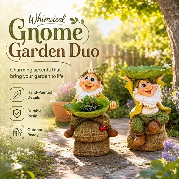 Birdie Butler Gnome — Whimsical Leaf Feeder Garden Statue