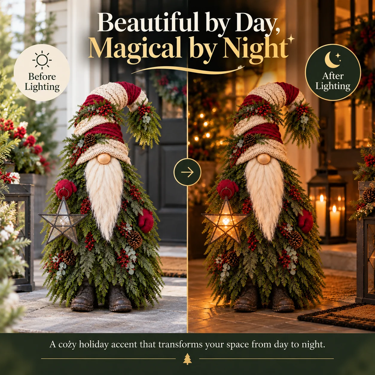 🔥Last Day 50%🎄 Light-Up Evergreen Christmas Gnome – Glowing Star Lantern Porch Decor