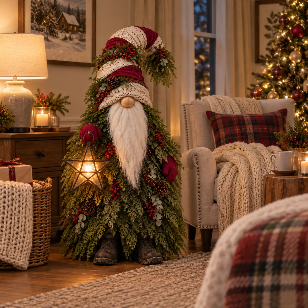 🔥Last Day 50%🎄 Light-Up Evergreen Christmas Gnome – Glowing Star Lantern Porch Decor