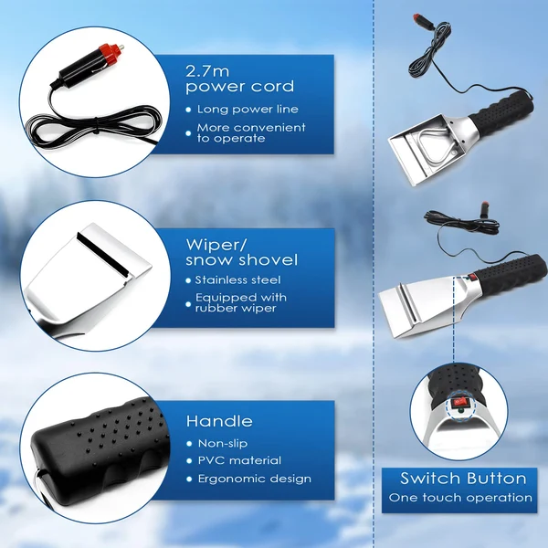 Heated Snow Ice Scraper for Car 12V Plug into Cigarette Lighter-Festivesl