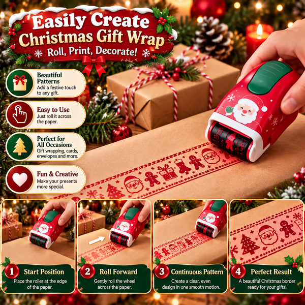 🎄 Christmas Handheld Craft Roller Stamp | Create Continuous Festive Patterns on Gift Bags, Wrapping Paper & Cards ✨