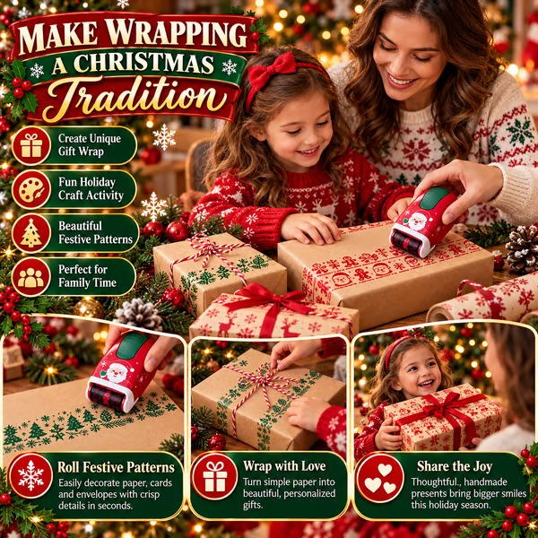 🎄 Christmas Handheld Craft Roller Stamp | Create Continuous Festive Patterns on Gift Bags, Wrapping Paper & Cards ✨