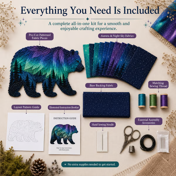 🔥LAST DAY 50% OFF - 🐻Northern Lights Wildlife DIY Patchwork Kit | Aurora Layered Fabric Art, Beginner Sewing Decor & Handmade Nature Gift