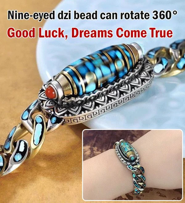 Turquoise Six-character Mantra Nine-eyed Dzi Bead Bracelet-Festivesl