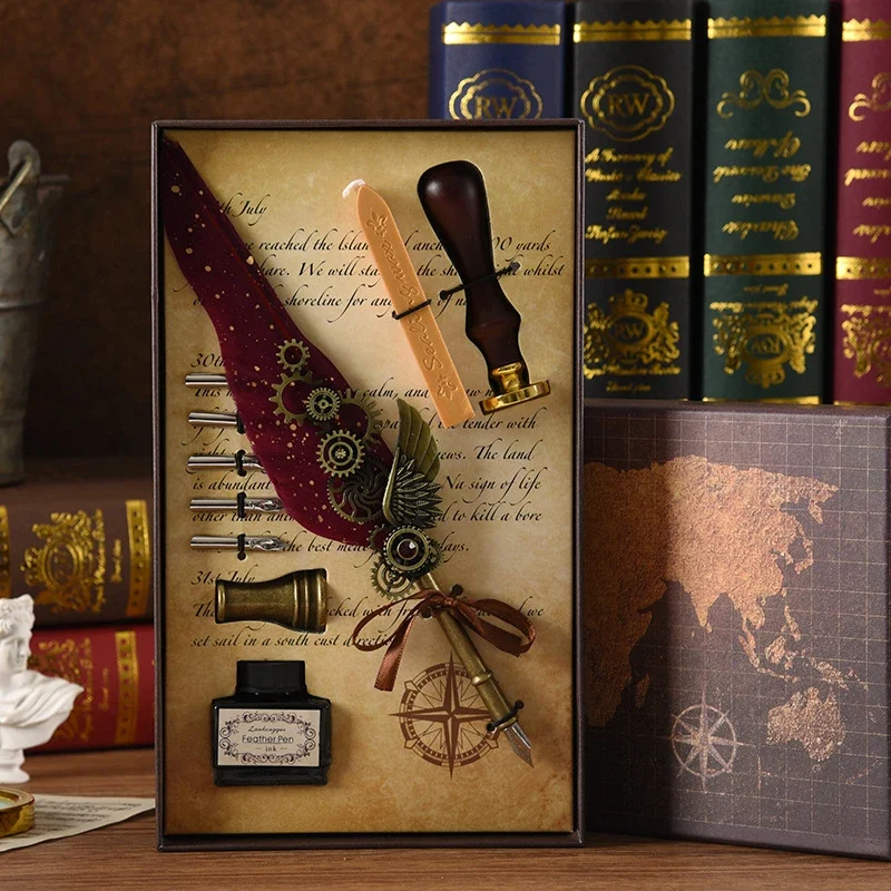Retro Feather Old -style Calligraphy Writing Ink Pen Kit-Festivesl