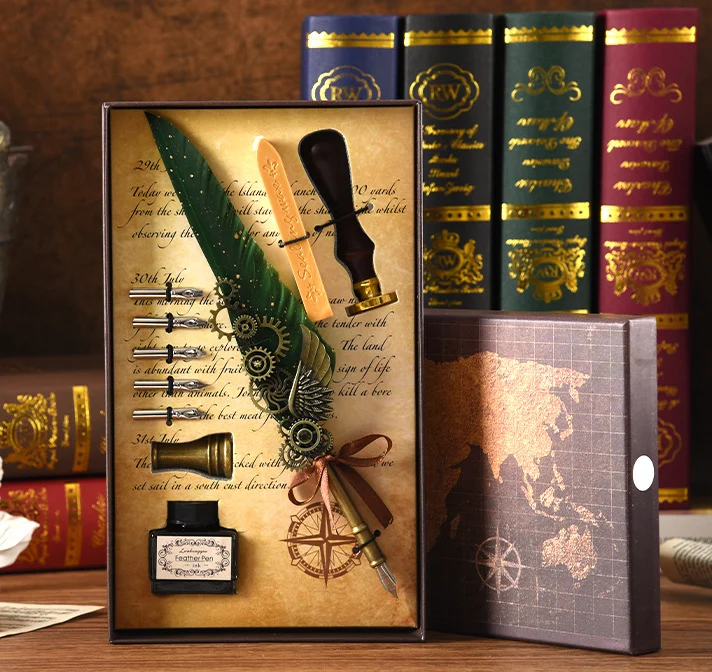 Retro Feather Old -style Calligraphy Writing Ink Pen Kit-Festivesl
