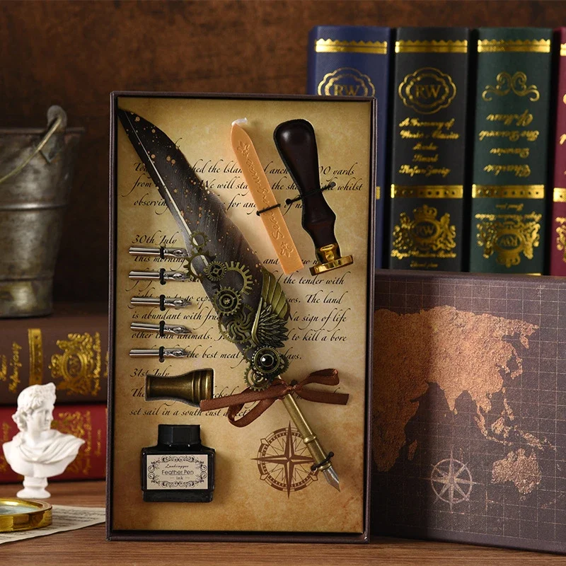 Retro Feather Old -style Calligraphy Writing Ink Pen Kit-Festivesl