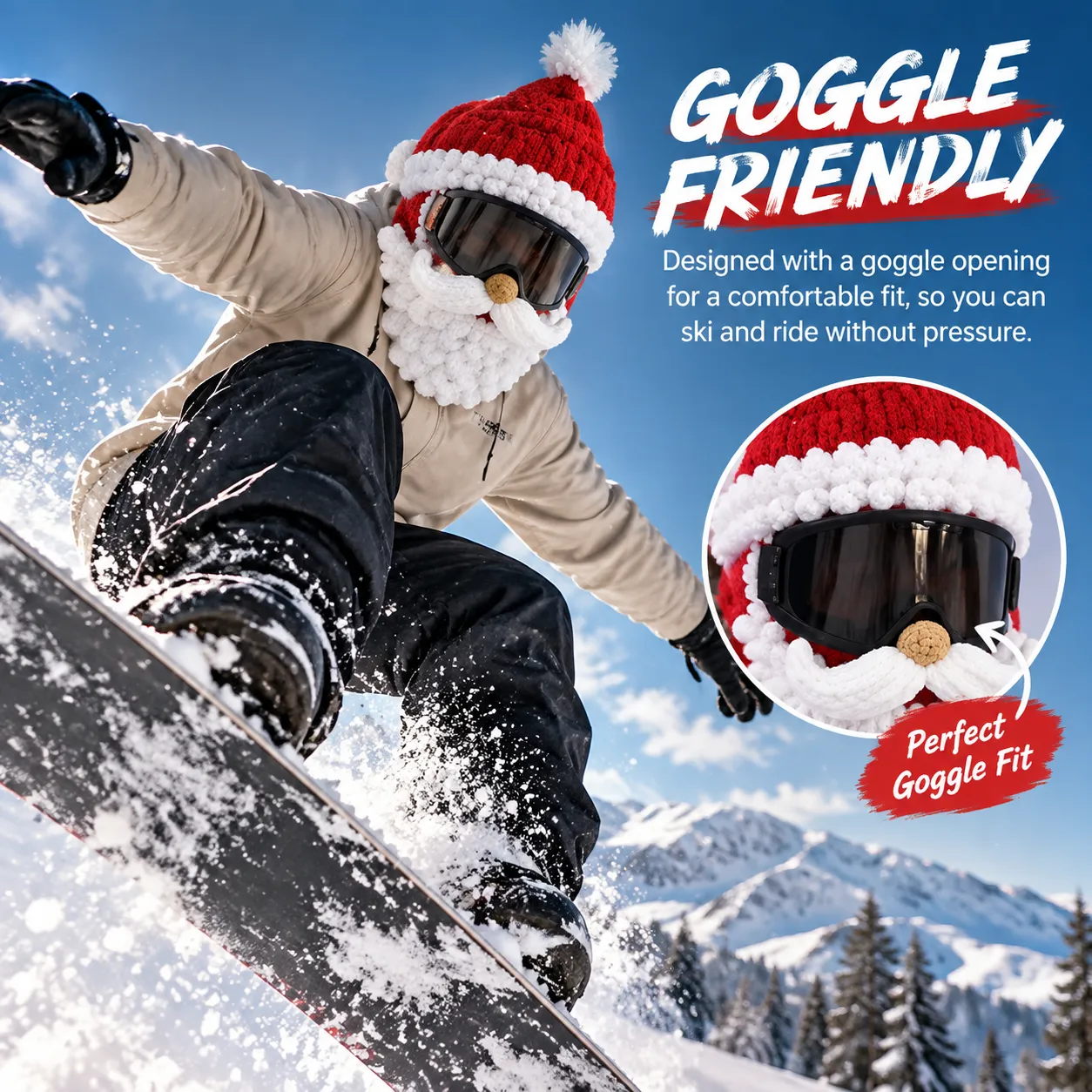 Santa ski mask worn with goggles, showing the dedicated eye opening