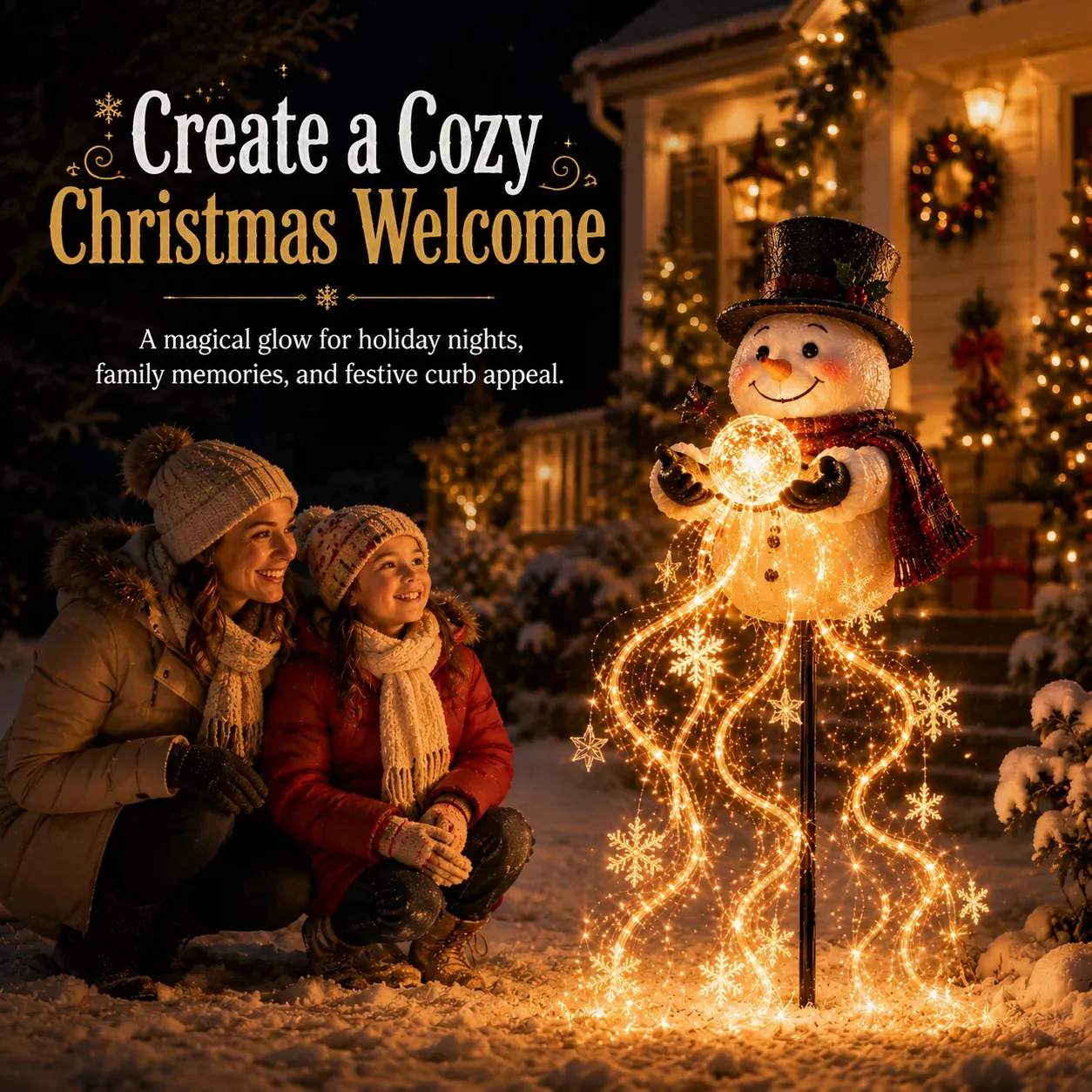 Family enjoying glowing Snowman Magic Fountain Christmas yard decoration