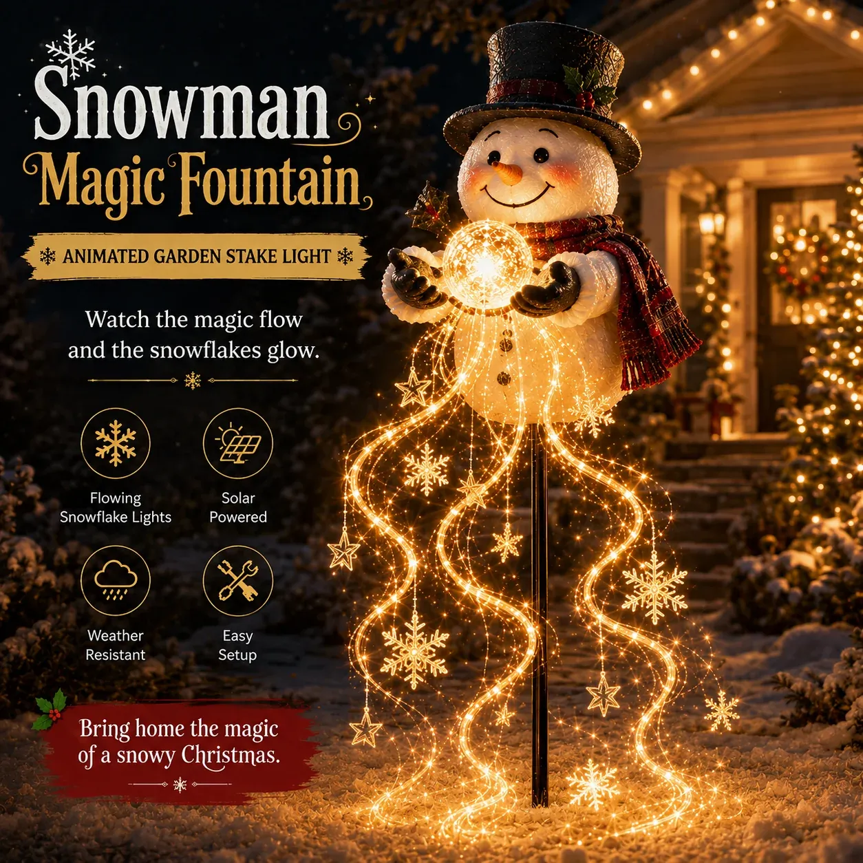 Snowman Magic Fountain flowing snowflake Christmas garden light
