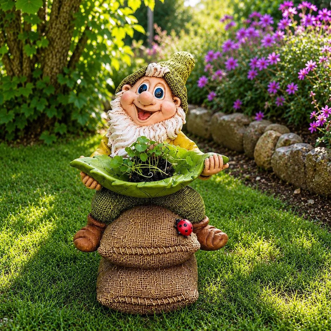 Gnome holding a leaf-shaped bowl with a small plant display