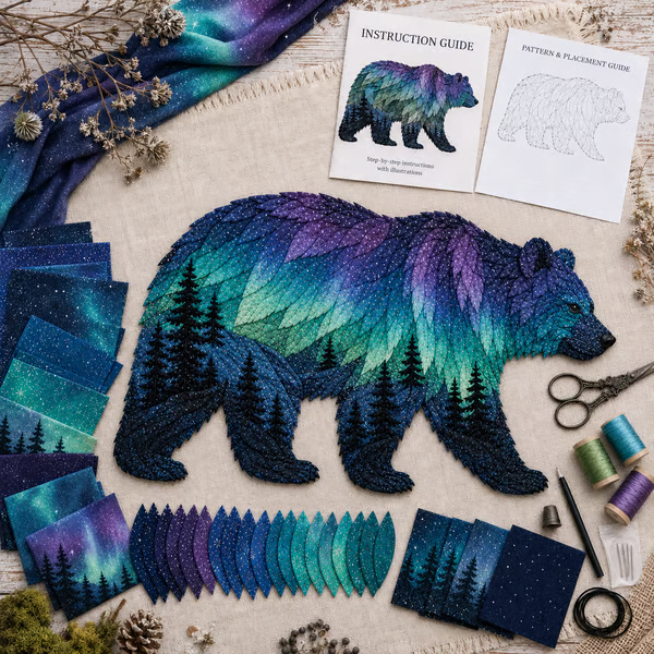 🔥LAST DAY 50% OFF - 🐻Northern Lights Wildlife DIY Patchwork Kit | Aurora Layered Fabric Art, Beginner Sewing Decor & Handmade Nature Gift