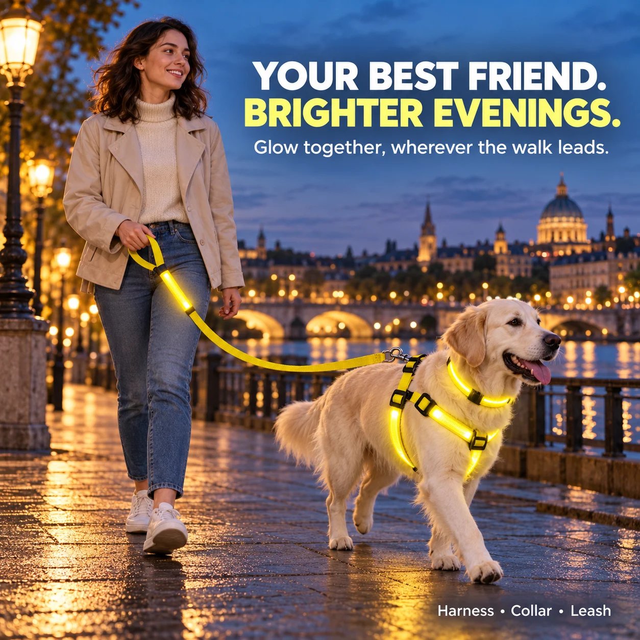 Dog and owner walking with a yellow LED kit at dusk
