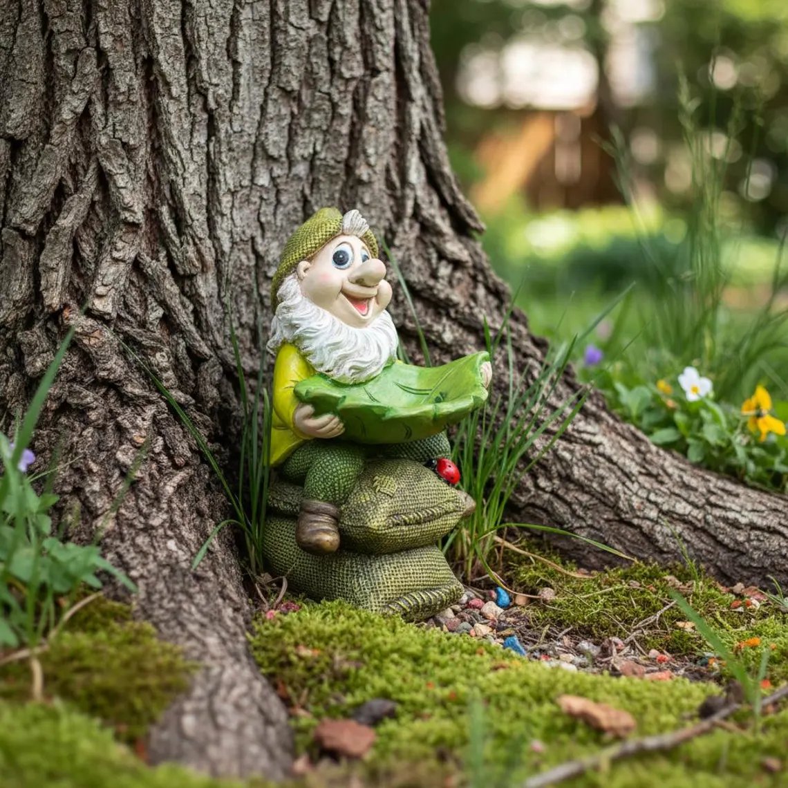 Leaf-bowl gnome nestled beside a tree