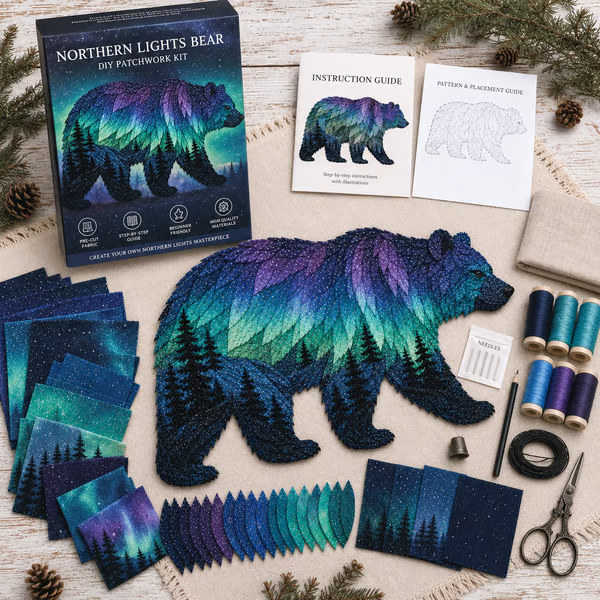 🔥LAST DAY 50% OFF - 🐻Northern Lights Wildlife DIY Patchwork Kit | Aurora Layered Fabric Art, Beginner Sewing Decor & Handmade Nature Gift-Festivesl