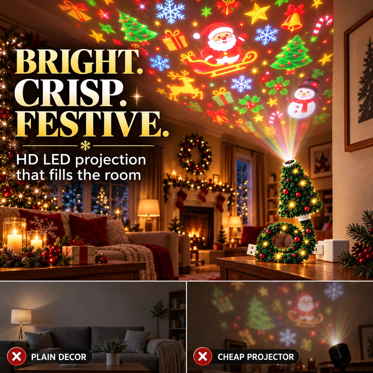 Colorful LED Christmas projection on a room wall and ceiling